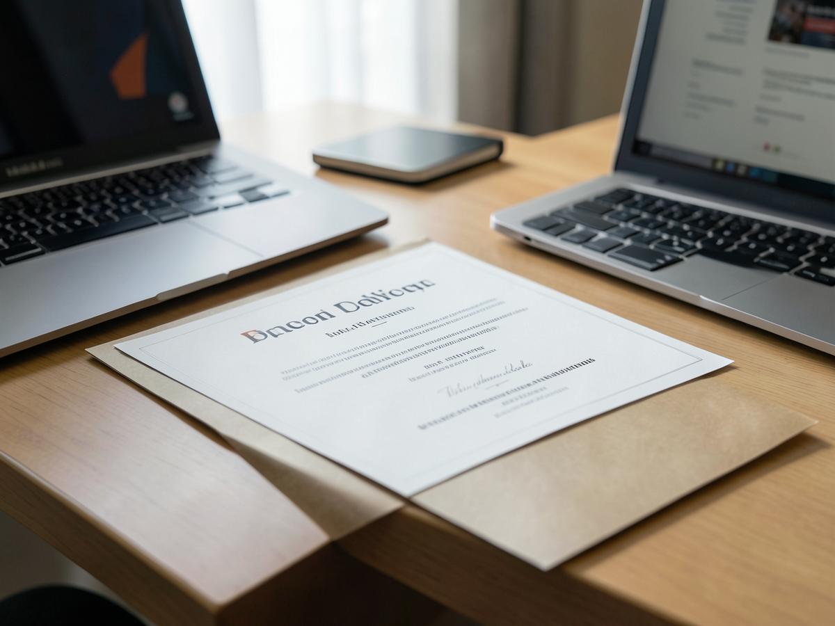 Certificate next to a laptop on a desk